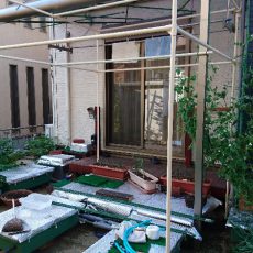 ウッドデッキ前にイレクター支柱製作