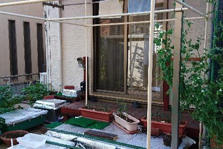 ウッドデッキ前にイレクター支柱製作 ウッドデッキ前にイレクター支柱製作